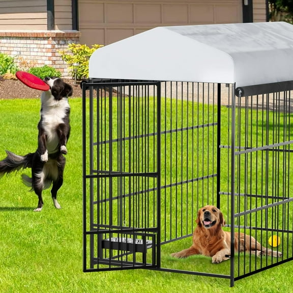 Large Outdoor Dog Kennel, Heavy Duty Dog Cage with Roof, Dog Kennel Galvanized Iron Dog House with Safety Locks,UV & Water Resistant Proof Cover, for Garden Backyard, Black, 4*4*6FT/8*4*6FT