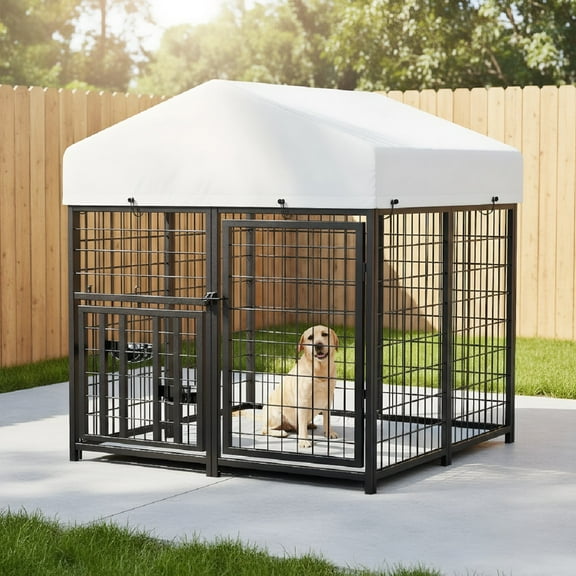 Large Outdoor Dog Kennel & Run Enclosure | 4'L x 4'W x 4.25'H with Adjustable Feeder, Waterproof Roof, Sturdy Stainless Steel Frame