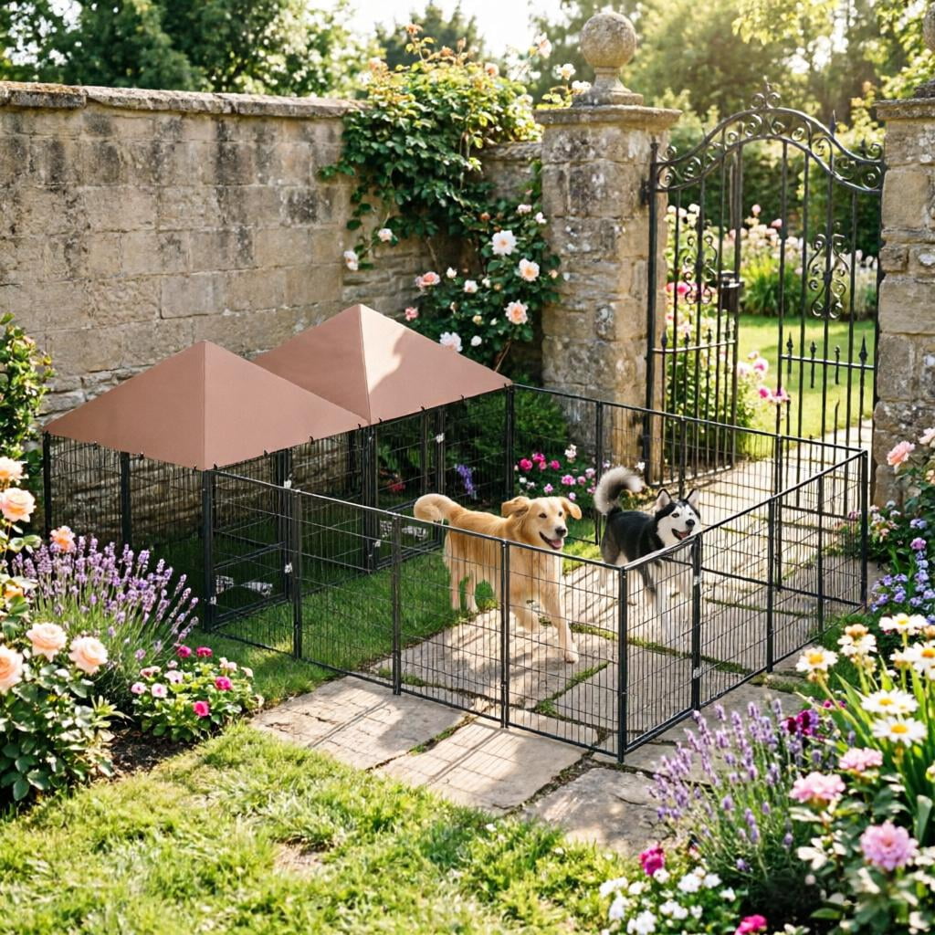 Large Outdoor Dog Kennel with 2 Rooms, Rotating & Adjustable Height Bowls, 13.5' x 9.4' x 5.1'