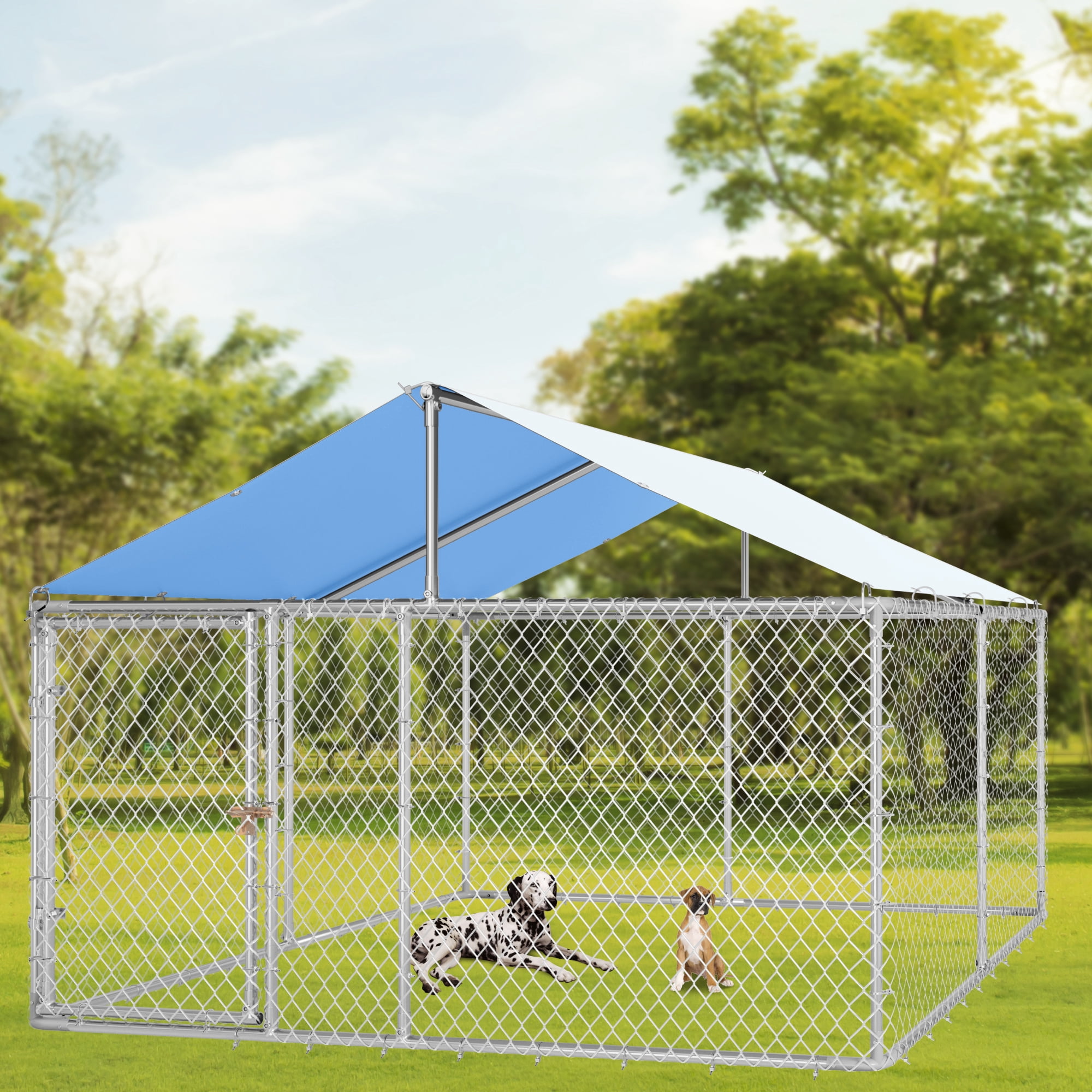Large Outdoor Dog Kennel with Metal Dog Gate,Heavy-Duty Dog Enclosure with Roof for Backyard and Farm Use -118.1" L x118.1 W x70.8 H