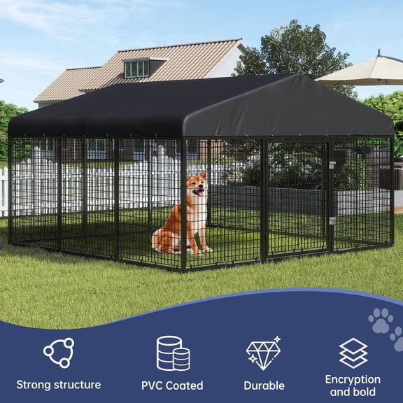 Large Outdoor Dog Run Enclosure, Heavy Duty Dog Cage with UV-Resistant Roof, Galvanized Steel Dog Kennel Fence with Dual Safety Locks