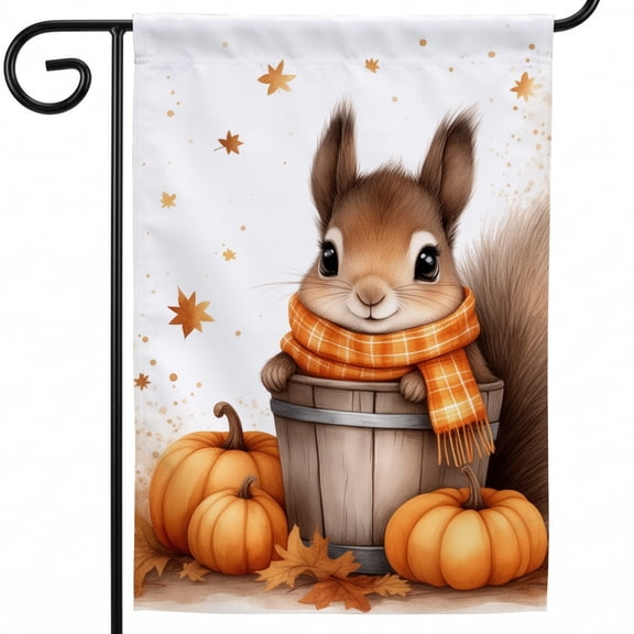 Large Outdoor Fall Flag 28 x 40 in A squirrel sitting in a bucket with a scarf around its neck Fall Porch Decor