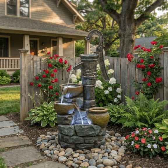 Large Outdoor Fountain with Vintage Pump, 32" H Weather Resistant Waterfall for Patio Yard Garden Decor, Grey