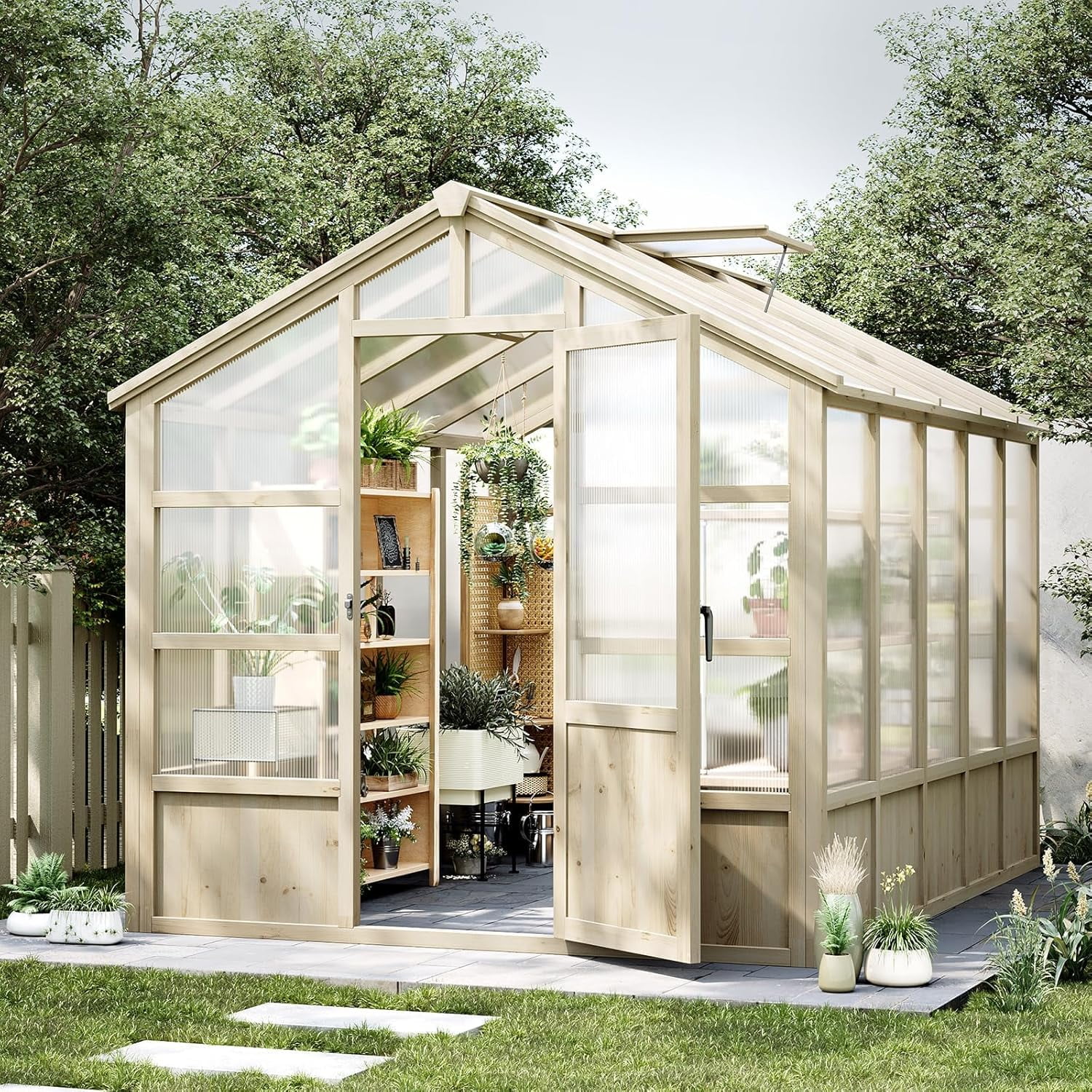 Large Outdoor Greenhouse, Heavy Duty Wooden Hothouse with Polycarbonate Panels & Lockable Door - Sturdy Wood Frame Garden Conservatory with Adjustable Roof Vent, for Yard, Gardening