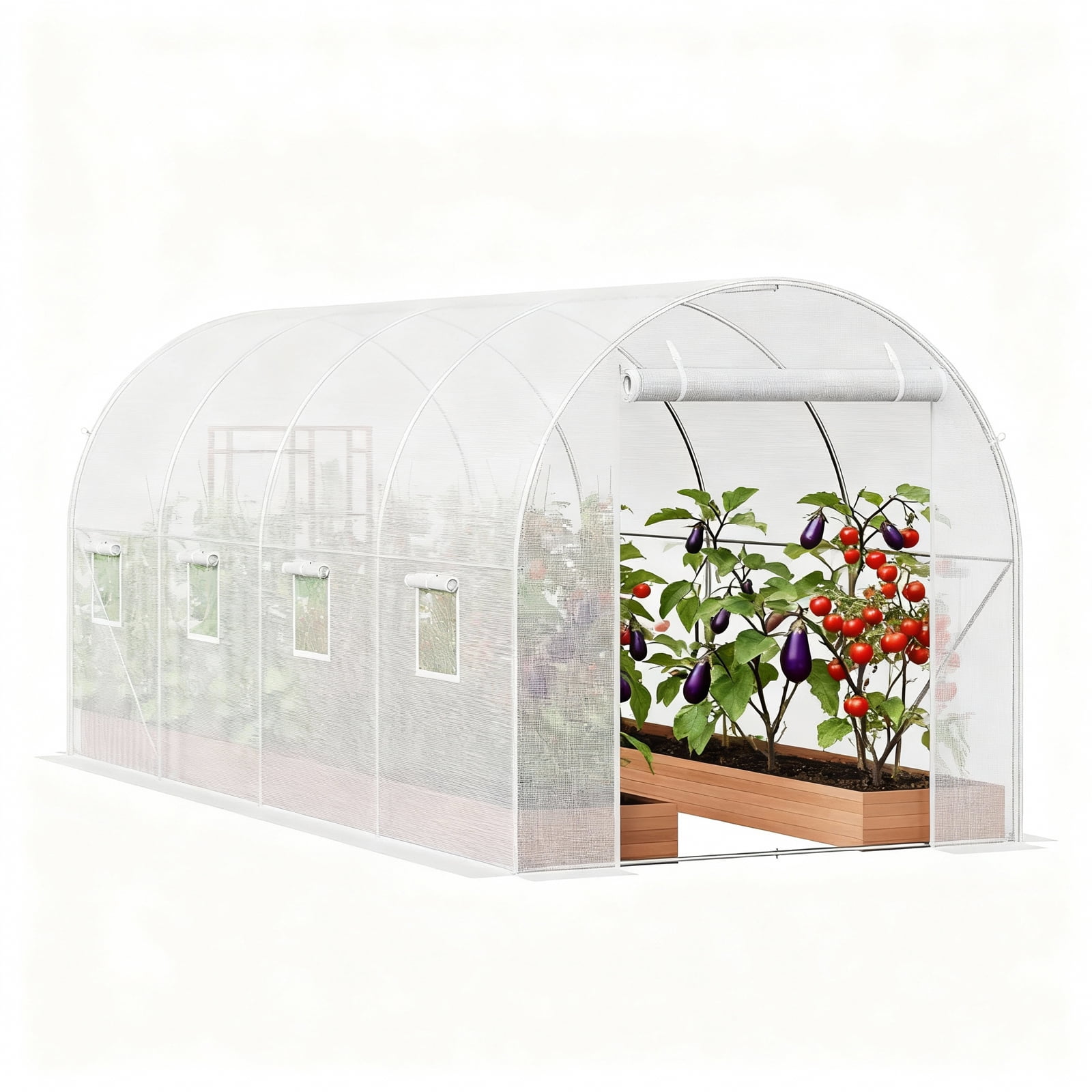 Large Outdoor Greenhouse with Screen Door, Portable Walk-in Tunnel Greenhouse, 14.6x6.4x6.3 Ft Hoop Plant Hot House with Galvanized Steel Frame, White PE Cover, Roll-Up Zipper Door and 8 Windows