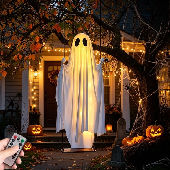 Large Outdoor Halloween Decor 47.2in Hanging Swing Ghost with Remote LED Lights, Pre-Assembled Classic Ghost Prop for Porch Yard Tree, Holiday Party and Garden Home Decoration