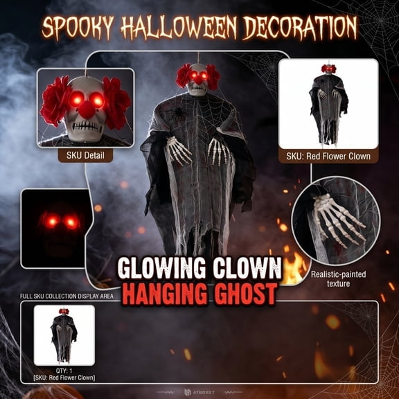 Large Outdoor Halloween Decorations, Light Up Ghosts Outdoor Creepy Red Flower Clown Hanging Decoration, for Outdoor Haunted House Archway Tree Decor, Fun Novelty Halloween Decor