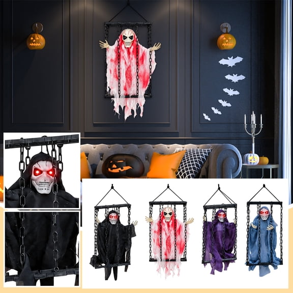 Large Outdoor Halloween Decorations, Skeleton Decoration, Halloween Hanging Decorations, Scary Halloween Decor, 16X9 Inch Purple Robe Caged Hanging Skeleton Ghost Light Up