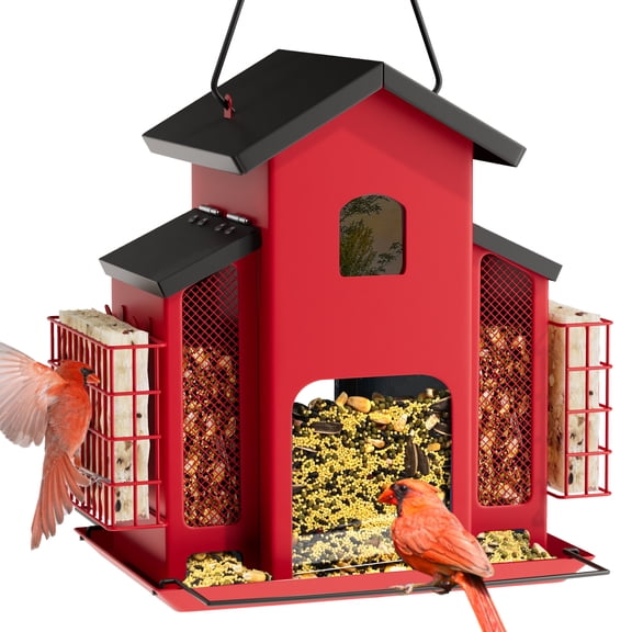 Large Outdoor Hanging Feeder Made of Metal with Three Mesh Side Cages, Designed for Finches, Cardinals, And Chickadees.