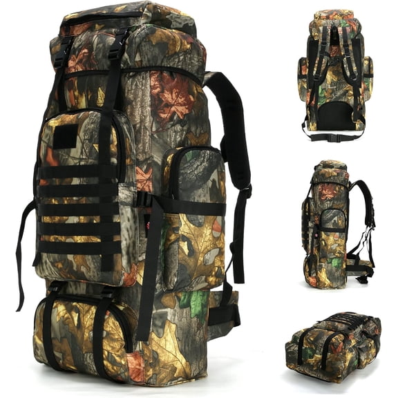 Large Outdoor Hiking Backpack with MOLLE System, 70L Capacity, Mapleleaf Camo, Military Style, Water-Resistant