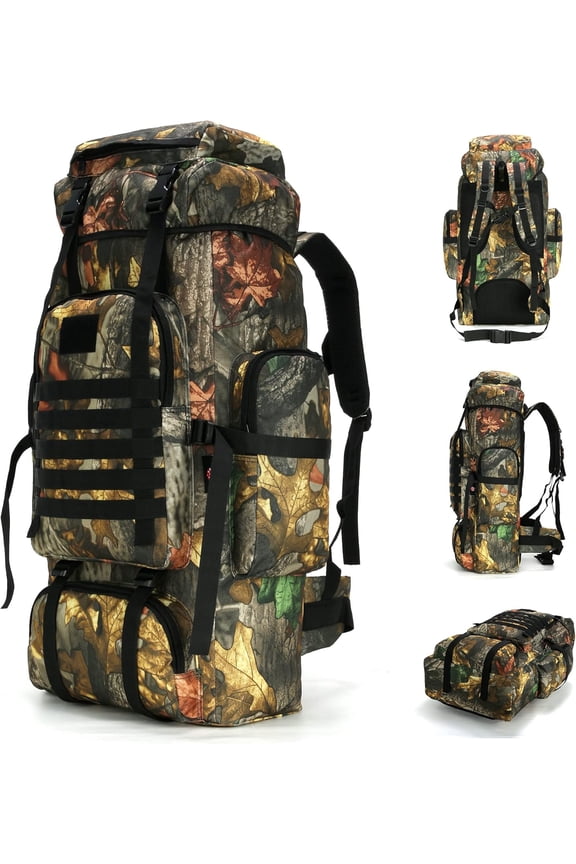 Large Outdoor Hiking Backpack with MOLLE System, 70L Capacity, Mapleleaf Camo, Military Style, Water-Resistant