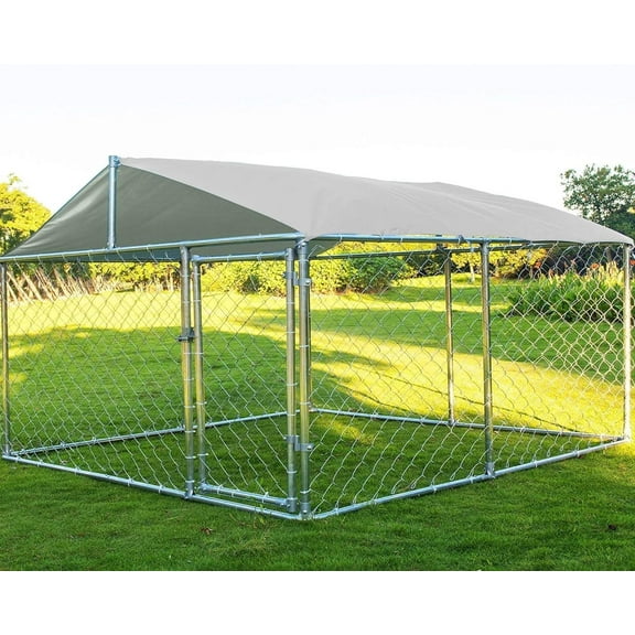 Large Outdoor Kennel, Heavy Duty With Water&UV-Resistant Proof, Galvanized Steel Pens Outside House for Dog Run, Playpen (90" L x 90" W x 63" H), Silver