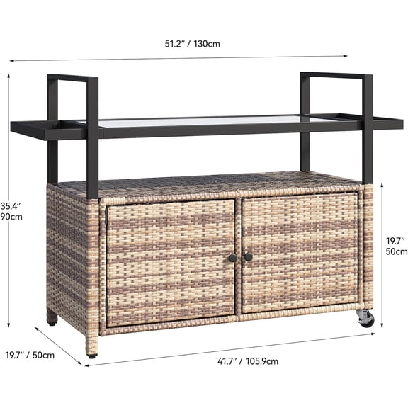 Large Outdoor Kitchen Wicker Island Rolling Cart with Wheels and Black Glass Top for Poolside
