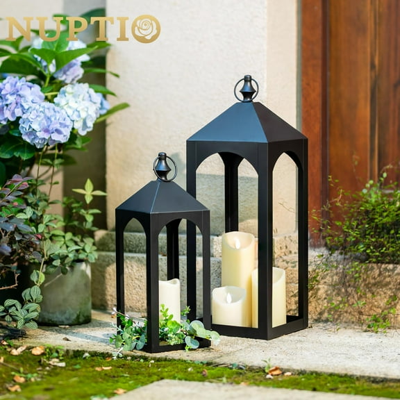 Nuptio Tall Black Lanterns Decorative Indoor for Pillar Candle Holder , Indoor Outdoor Lanterns for Porch & Patio ,17" & 23" Set of 2 ,No Glass M L (New)