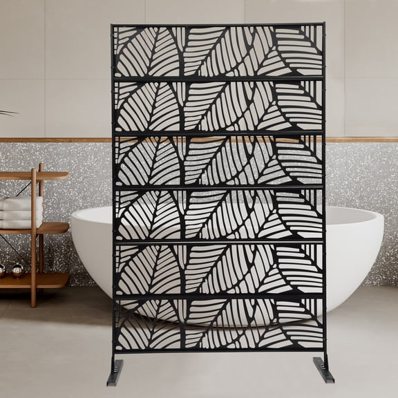 Large Outdoor Privacy Screen 3.7x5.9ft Steel Freestanding Fence Panel with Leaf Pattern Black Yard Privacy Shield for Garden