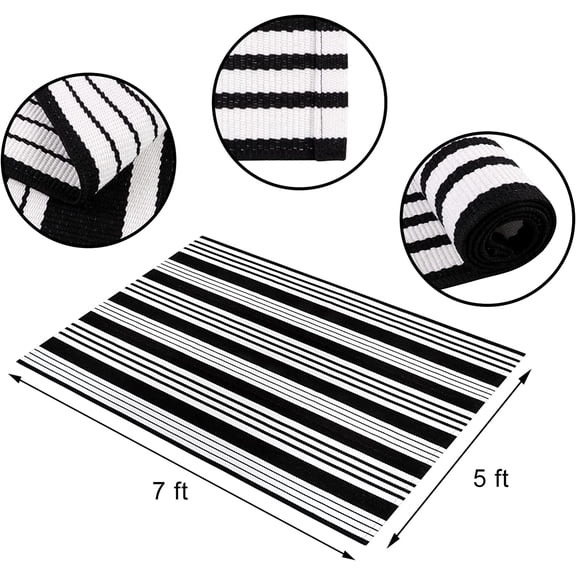 Large Outdoor Rug 5'X7', Washable  Rug Front Porch Rug, Black and White Striped Outdoor Rugs for Farmhouse Decor Deck Backyard Living Room Bedroom