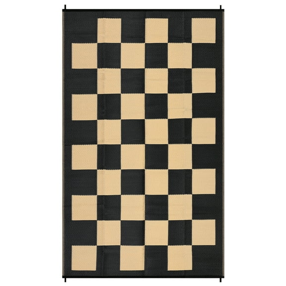 Large Outdoor Rug Waterproof Reversible Plastic Straw Mat Modern Checkered Plaid Carpet UV-Resistant Collapsible for Patio Deck Camping Easy Clean 8x10ft Black Brown