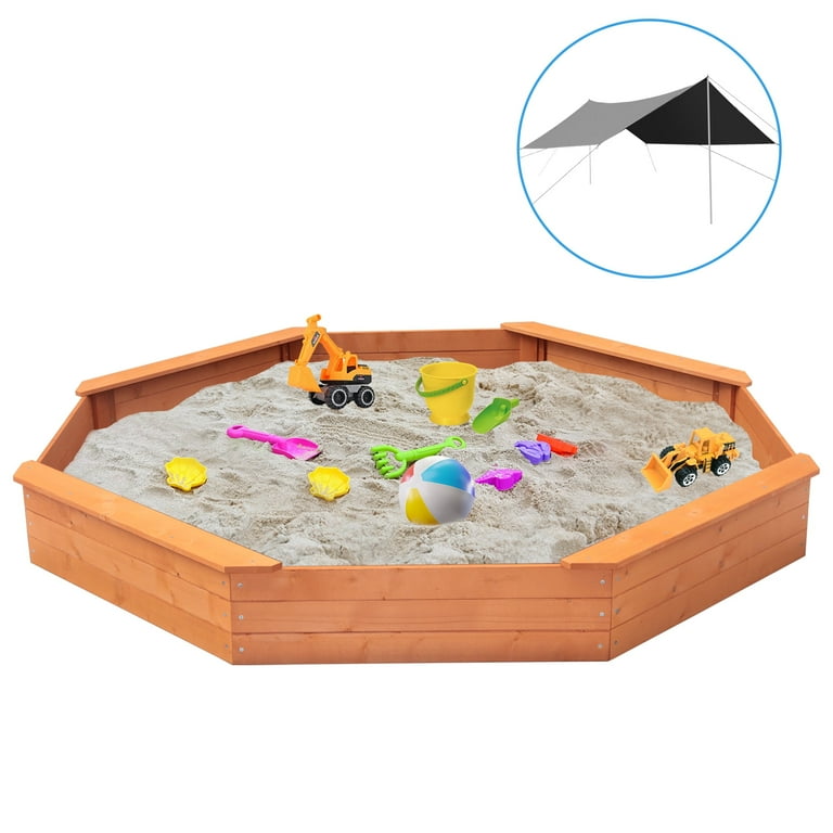 Large Covered Sandbox with Shade & Bench, Octagon Wooden Sand Pit