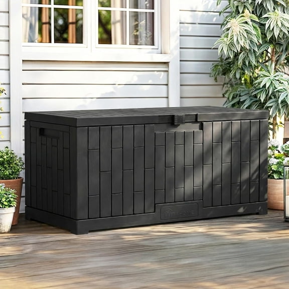 Large Outdoor Storage Box, 120 Gallon Waterproof Resin Deck Box with Slide-Locking Lid, Patio Storage Bin and Bench Seat for Garden Tools, Cushions & Pool Supplies, Easy Assembly, Black