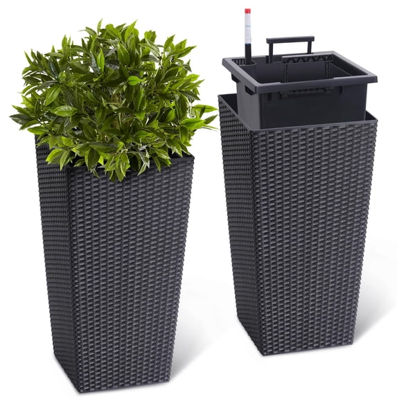 Large Outdoor Tall Planter Flower Pots, 23" Rattan Front Porch Decor Plant Pots with Water Level Monitor, Automatic Watering(2 Packs)