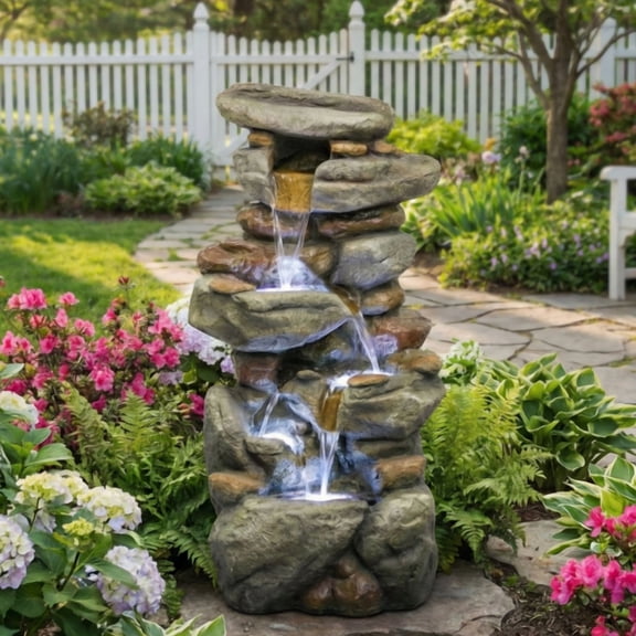 Large Outdoor Water Fountain with LED Light, Stone Look Resin Garden Fountain for Patio Yard Backyard Deck Entryway, Grey