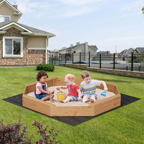 Large Outdoor Wood Sandbox,Octagon Wooden Sand Box with Nylon Cover&Bottom Liner,Large Sandpit for Ages 3-8 for Lawn Garden Backyard Beach