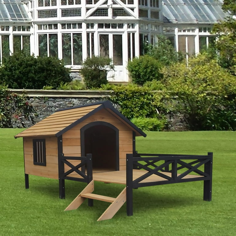 Large Outdoor Wooden Dog Kennel Cabin House Style with Porch Brown