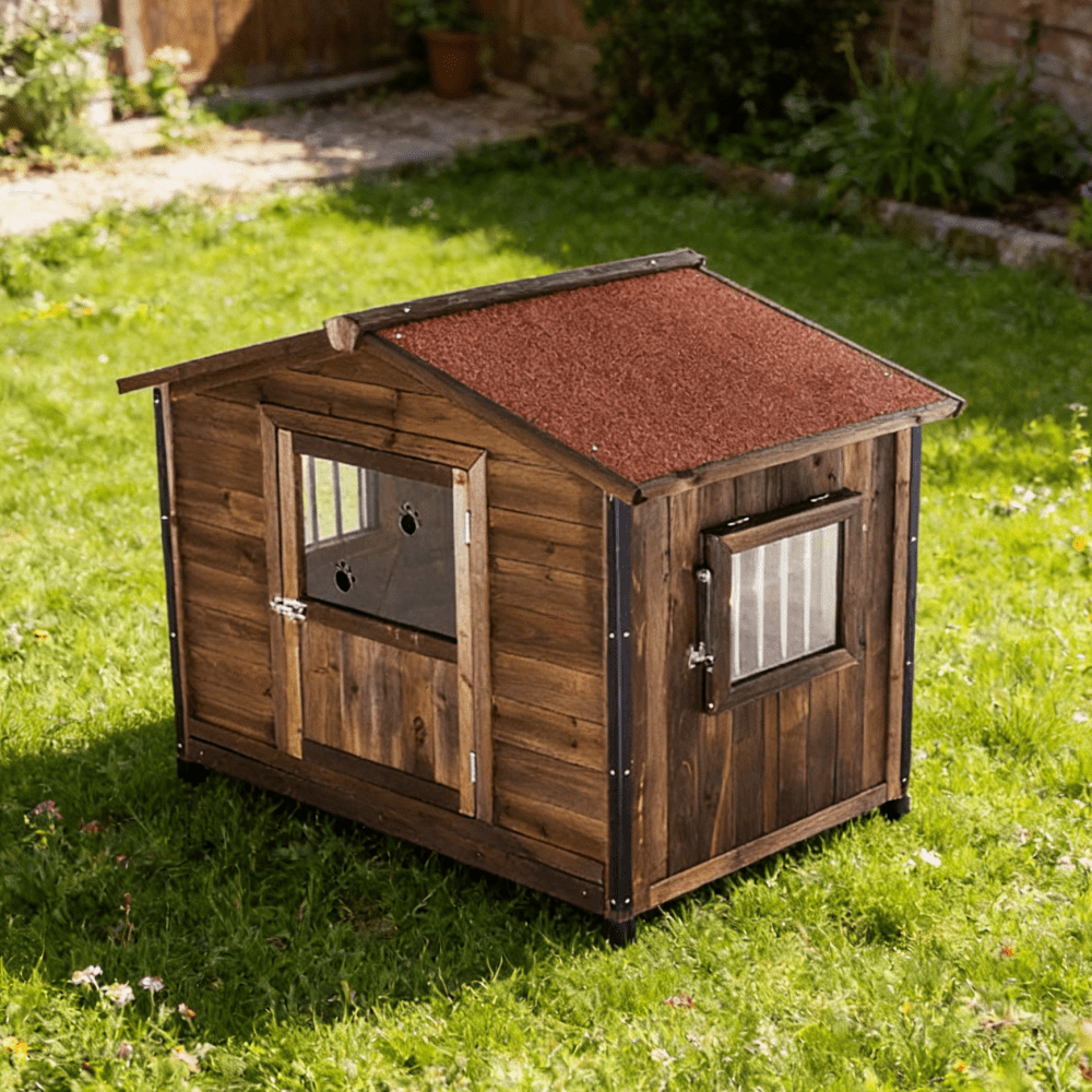 Large Outdoor Wooden Dog Kennel with Iron Frame, Cabin Style