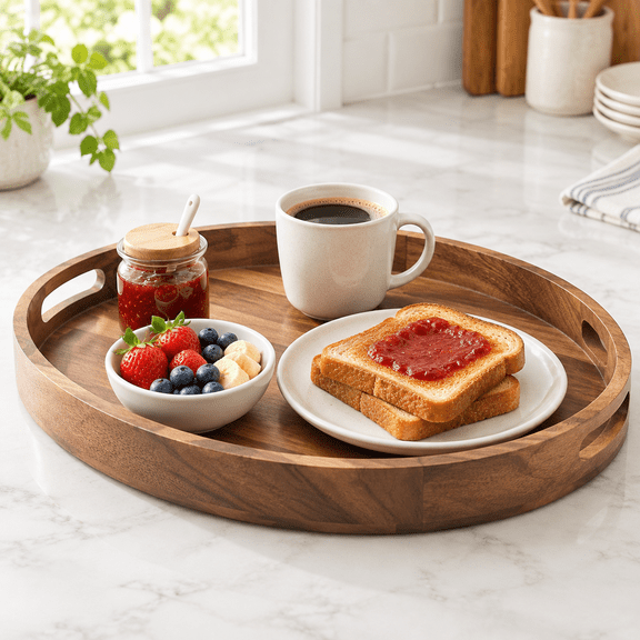 Large Oval Acacia Wood Serving Tray with Handles, 17x13 Inch Walnut Finish Decorative Tray for Coffee Table, Ottoman & Kitchen Counter