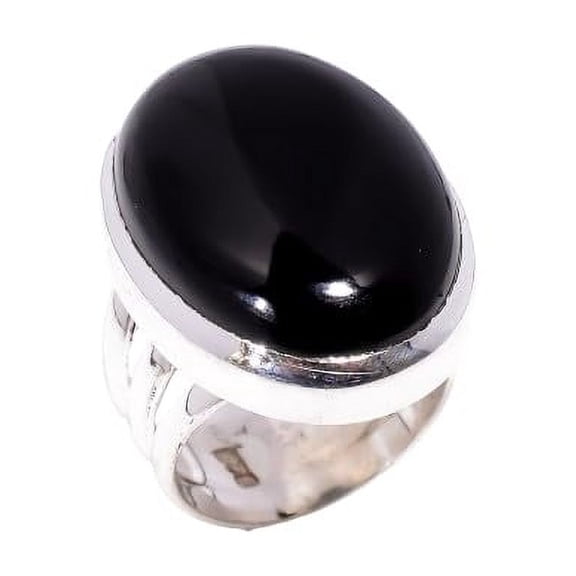 Large Oval Black Onyx Gemstone Black Stone 925 Sterling Silver Handmade Statement Promise Ring Jewelry for Women
