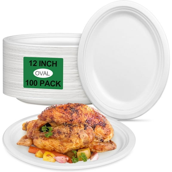 Large Oval Paper Plates - 12 Inch, 100 Pack Heavy Duty Eco Friendly Compostable Plates For BBQ Picnic