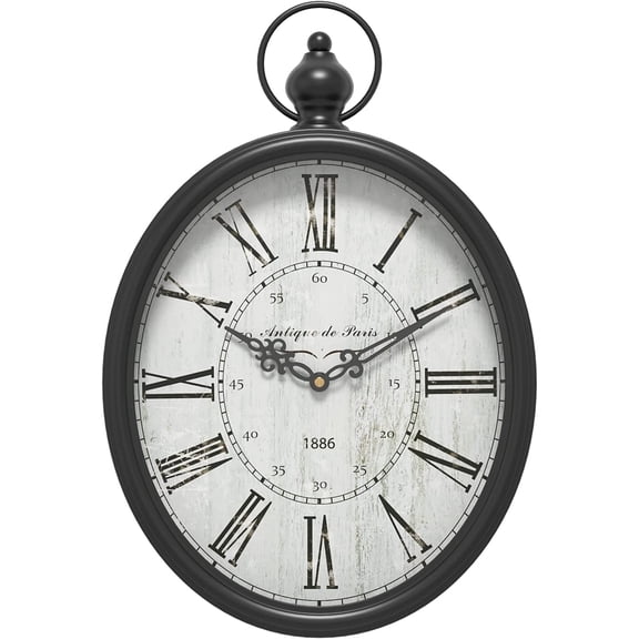 Large Oval Retro Wall Clock, Rustic Vintage Style, Antique Black | Battery Operated Silent Decor for Living Room,Kitchen,Farmhouse,Office (15.5" H x 10.5" W)