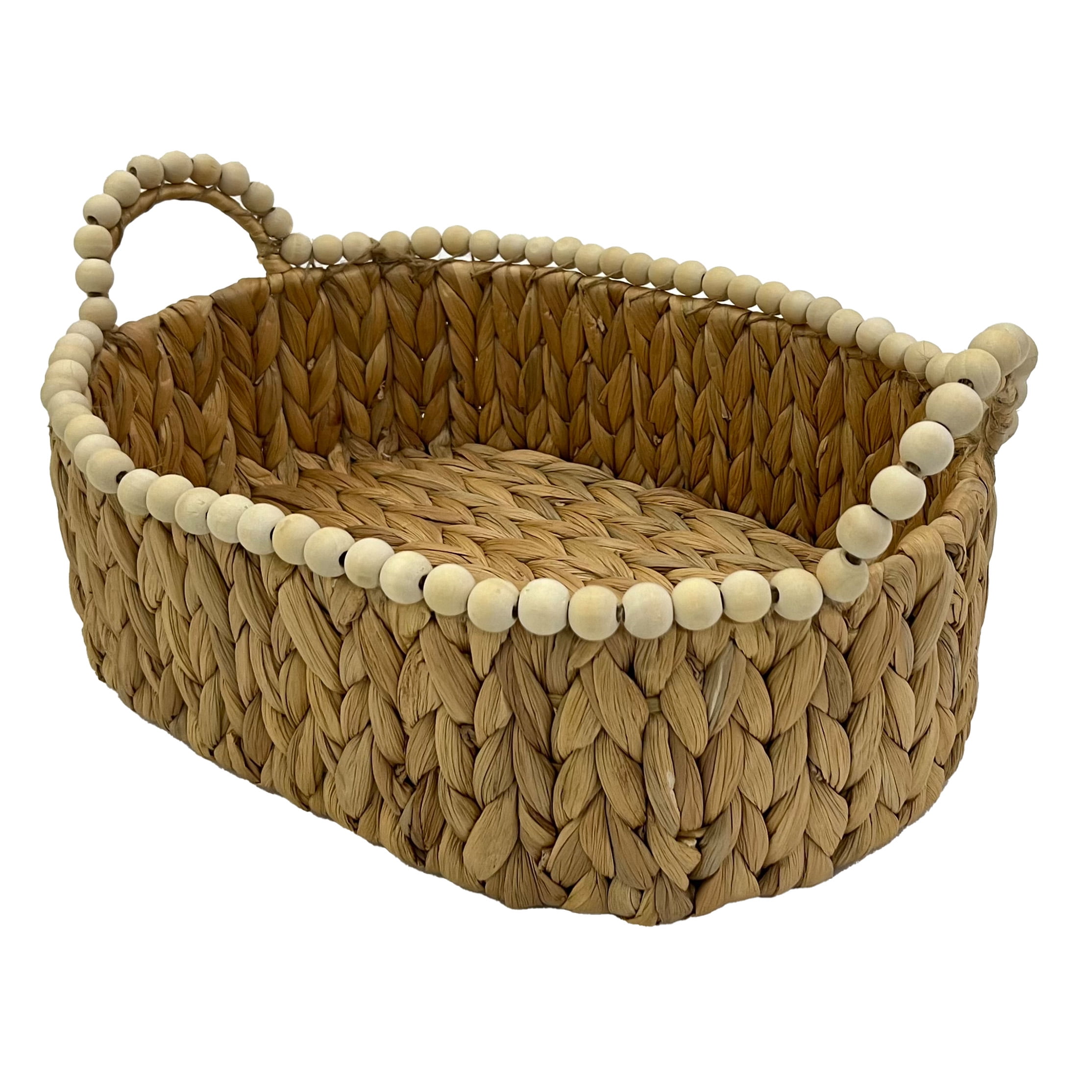 Large Oval Light Brown Water Hyacinth Basket with Wood Beads