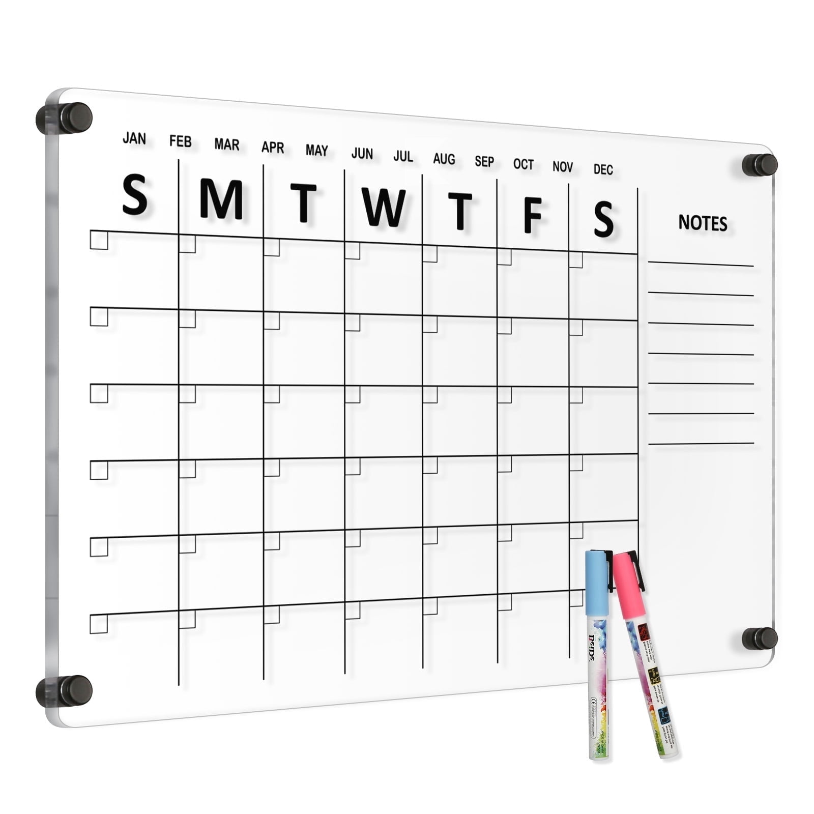 DOLLAR BOSS Large Oversize Crystal Clear Acrylic Wall Calendar Dry & Erase Board 24" X 16" Monthly Family Calendar Home Office Glass Calander Reusable Big Whiteboard with Markers, Black Print