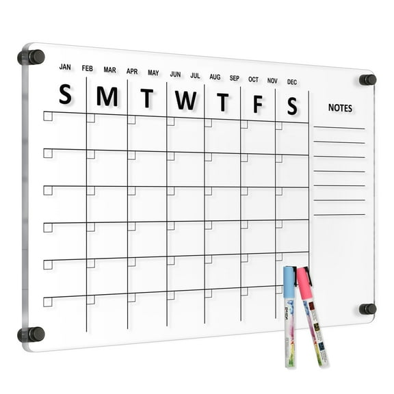 Large Oversize Crystal Clear Acrylic Wall Calendar Dry & Erase Board 24" X 16" Monthly Family Calendar Home Office Glass Calander Reusable Big Whiteboard with Markers, Black Print