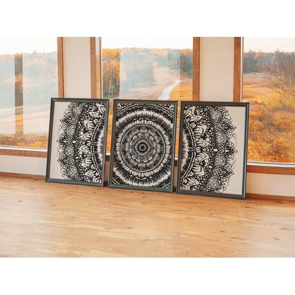 Large Oversized Black And White Mandala Triptych Monochrome Statement Detailed Gallery Set Zen Inspired Wall Art Poster, Set 3, Poster Only