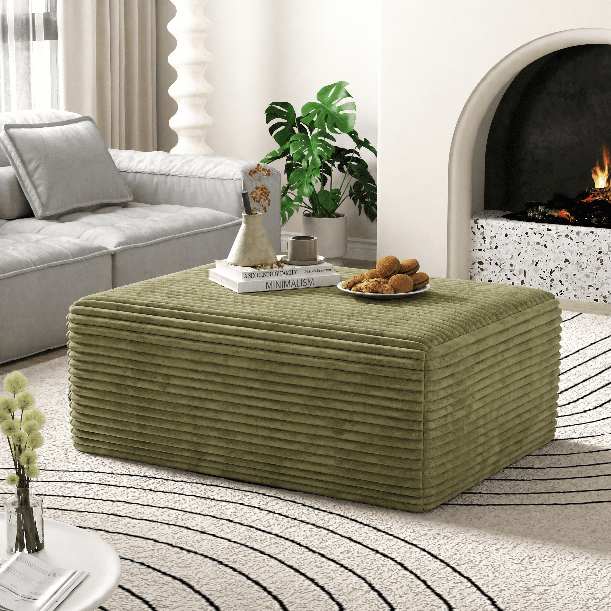 Large Oversized Corduroy Ottoman Footrest for Sofa Large Rectangle Floor Bench Extra Seating Coffee Table for Living Room, No Assembly (Sage Green)