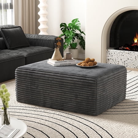 Large Oversized Corduroy Ottoman Footrest for Sofa Large Rectangle Floor Bench Extra Seating Coffee Table for Living Room, No Assembly (Gray)