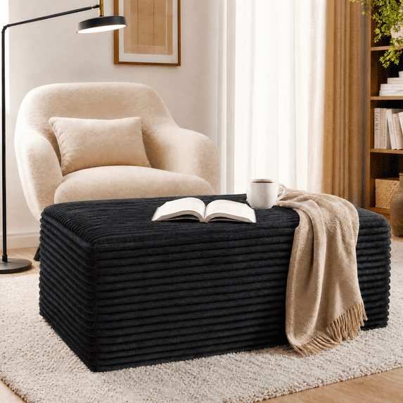Large Oversized Corduroy Ottoman Footrest for Sofa, Bench for Sectional Sofa, Extra Seating & Coffee Table, Rectangle Pouf for Living Room,No Assembly Required(Black)