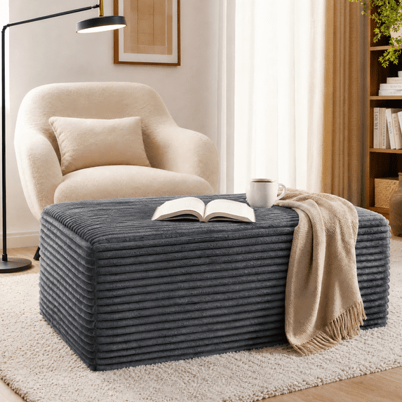 Large Oversized Corduroy Ottoman Footrest for Sofa, Bench for Sectional Sofa, Extra Seating & Coffee Table, Rectangle Pouf for Living Room,No Assembly Required(Charcoal)