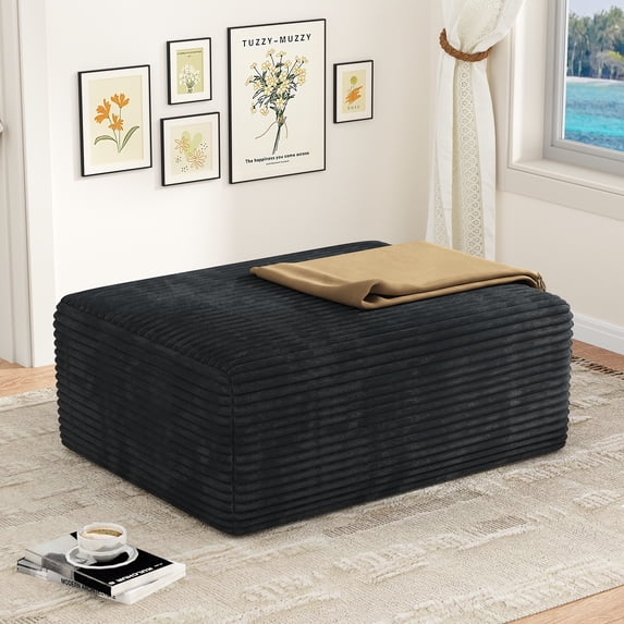 Large Oversized Ottoman Bench for Living Room, Extra Seating & Coffee Table for Sofa, Plush Corduroy Pouf Footrest, No Assembly Needed, Rectangle Floor Ottoman, (Black)