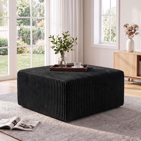 Large Oversized Ottoman Bench for Living Room Extra Seating & Coffee Table for Sofa, Plush Corduroy Pouf Footrest, No Assembly Required, Rectangle Floor Ottoman, Black