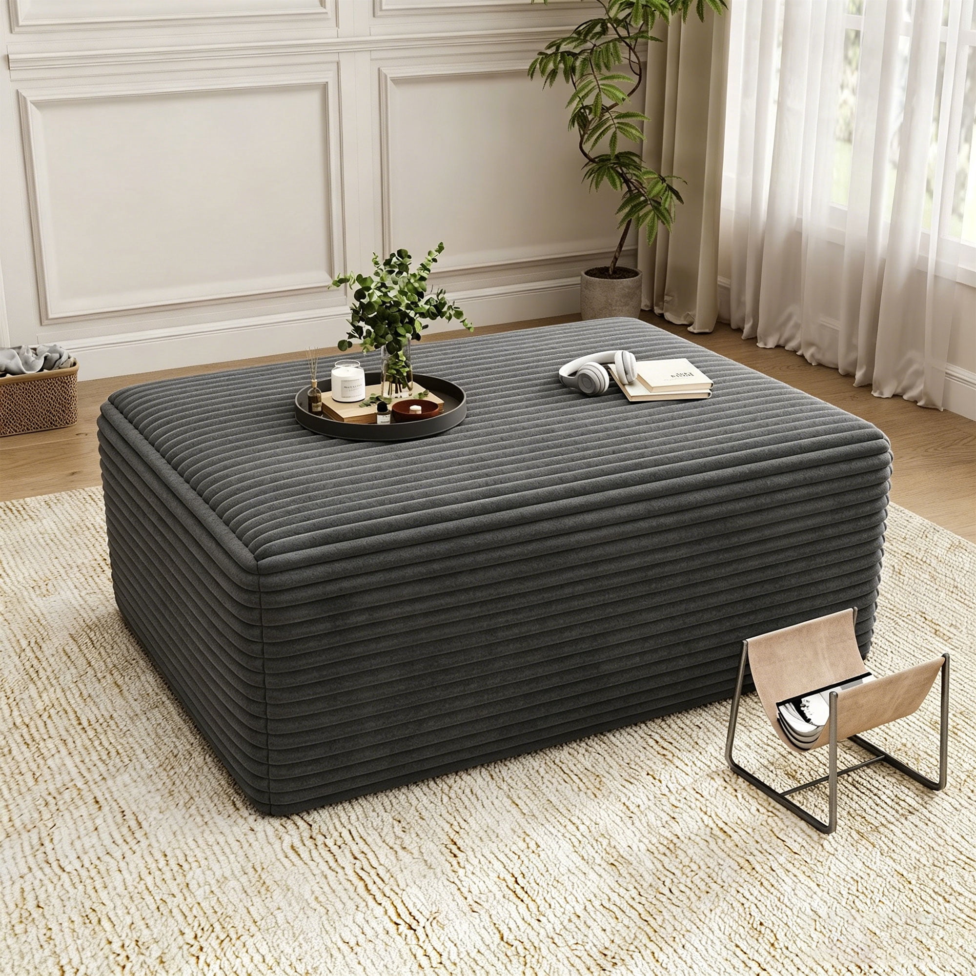 IDEALSOUL Corduroy Ottoman, Rectangle Ottoman Foot Rest for Couch, Oversized Modular Sectional Sofa Stool, Extra Seating & Coffee Table for Sofa, Cloud Foot Rest Foam Support, No Assembly Required
