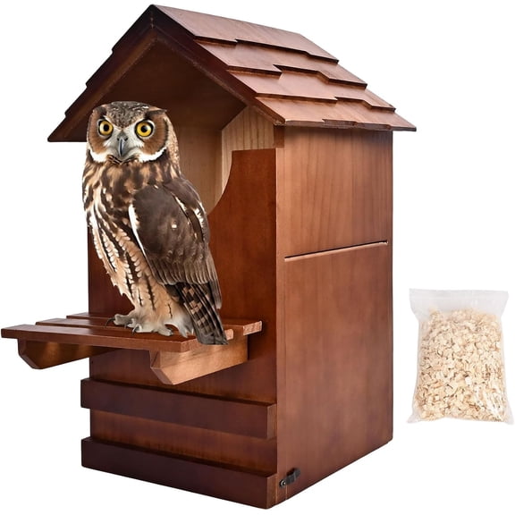 Large Owl House, 15'' x 10'' x 7'' Wooden Screech Owl Nesting Box with Perch Platform, Large U-Shaped Opening, Mounting Screws and Wood Shavings, Suitable for Outside Backyard