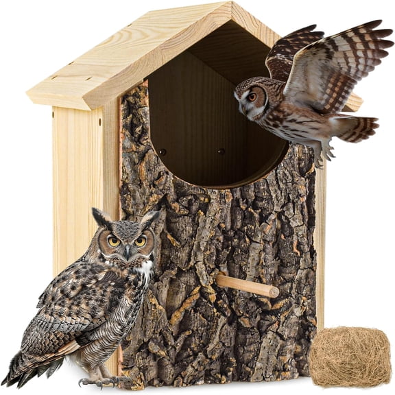 Large Owl House with Real Bark, Easy Assembly Owl Nesting Box for Outdoors | Barred and Screech Bird Nesting Box for Garden Yard and Wildlife Habitat Mounting Screws & Coconut Fiber