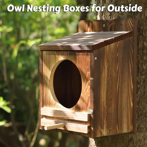 Large Owl House,Screech Owl Nesting Boxes for Outside 14''x 10''x 7.1'' Wooden Nesting Boxes Wildlife Kestrels Barn Barred Screech Great Horned Easy Assembly with Circular Opening$$Garden & Patio