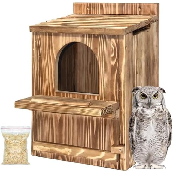Large Owl House with Wood Shavings- Durable Carbonized Pine Wood Owl Box for Outdoors, Barred and Screech Bird Nesting Box, Easy Clean & Ventilated Design, Ideal for Barn Bird Roosting