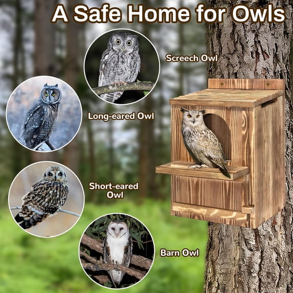 Large Owl House with Wood Shavings- Durable Carbonized Pine Wood Owl Box for Outdoors, Barred and Screech Bird Nesting Box, Easy Clean & Ventilated Design, Ideal for Barn Bird Roosting$$