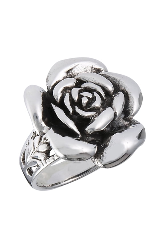 Large Oxidized Rose Flower Ring Sterling Silver Filigree Leaf Band 925 Jewelry Female Male Size 9