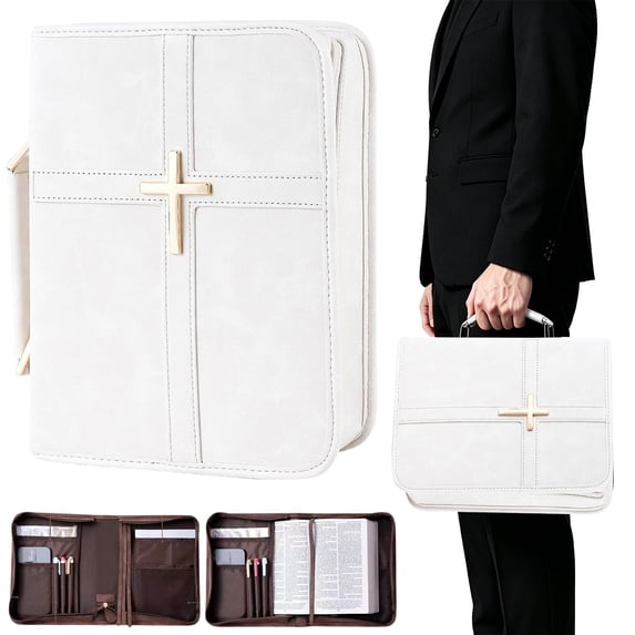 Large PU Leather Book Carrier with Handle, Shoulder Strap Bible Cover Case with Pockets for Church and Office Study